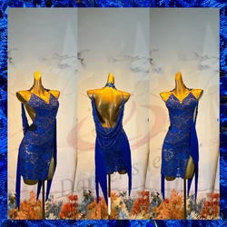 Latin Dance Diamond Women's High end Customized Lace Mesh Embroidered Strap Samba Dance Dress Performance Dress