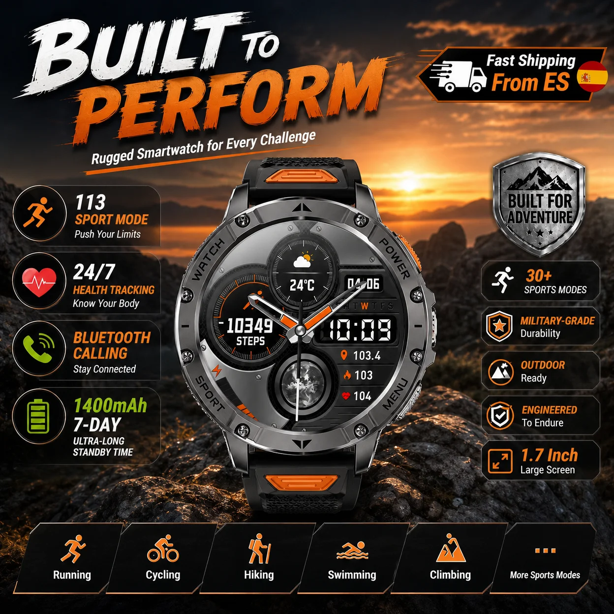 [ES Stock Local] AK112 Reloj inteligente hombre Pantalla HD 1,7", Llamadas Bluetooth 1400mAh, +100 modos deportivos IP68 impermeable
