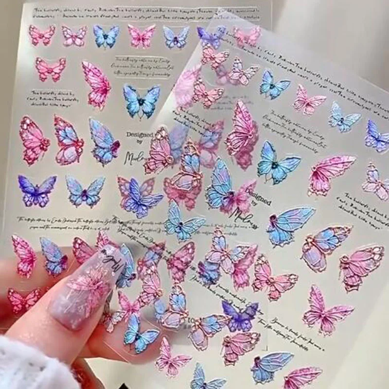 5D Weihnachten Embloss Rosa/Lila/Blau Schmetterling Nagel Aufkleber 8X10cm Bunte Farbverlauf Schmetterling Nagel Aufkleber DIY Maniküre Slider