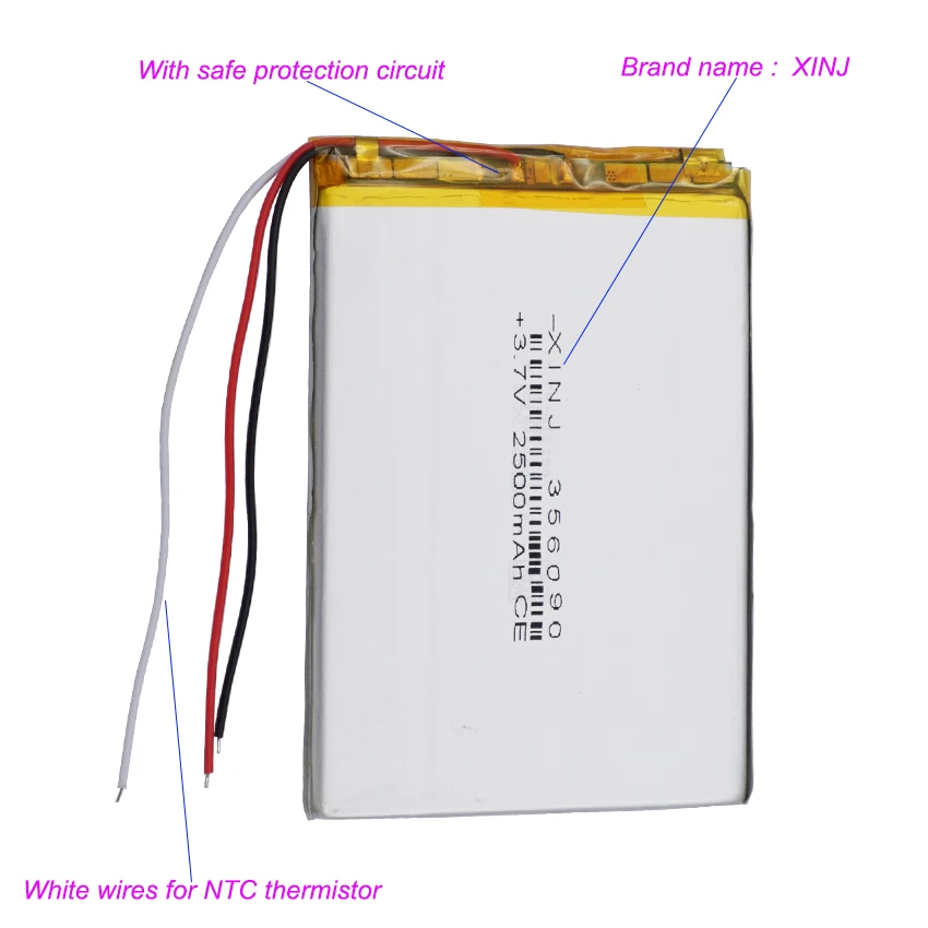Termistor recargable de 3 cables de la batería de Li de 3.7V 2500mAh 9.25Wh NTC 356090   Conector JST de 3 pines 1,0/1,25/1,5/2,0/2,54 mm