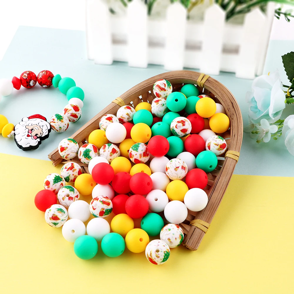 20Pcs/Set 15MM Round Silicone Beads Mix Printed Beads Kits For Jewelry Making DIY KeyChain Pen Bracelet Necklace Accessories