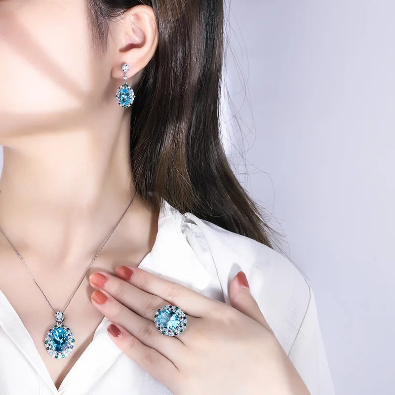 S925 Silver-plated 18K Gold-plated PT950 Platinum Aquamarine Set, Denier-shaped Birthday Gift, Main Stone 13 * 188 * 12