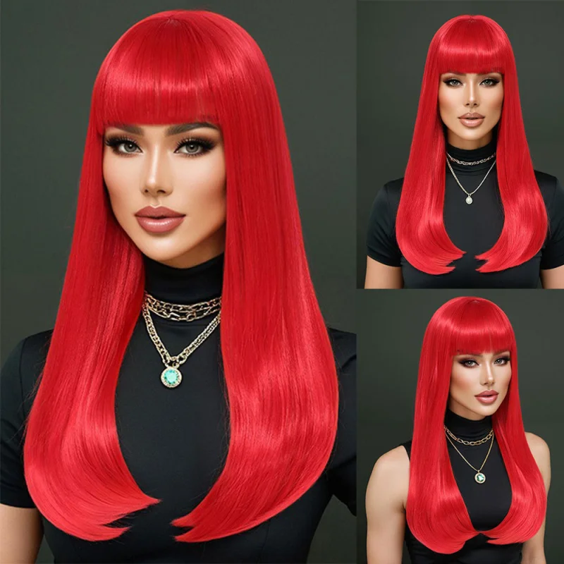 

European and American style women's red wig with bangs, long straight hair, full head cover, fashionable hairstyle, natural wome