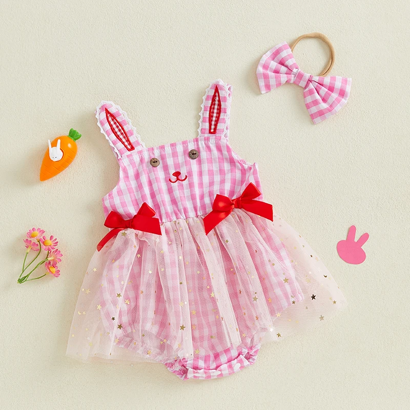 Baju monyet Paskah bayi perempuan, Dress rok Tulle bordir kelinci, bodysuit bayi jumpsuit dengan bandana pita 2 potong