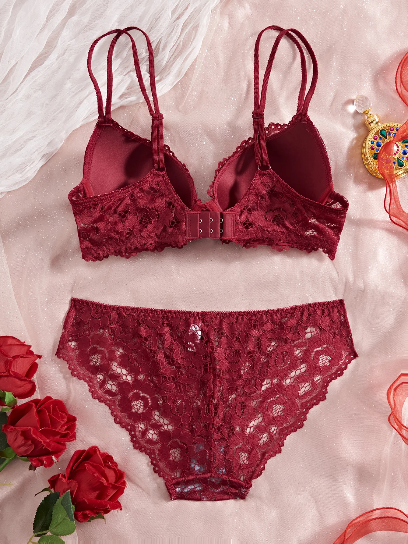Sexy Dessous-Set für Damen, Spitze, Patchwork, einfarbig, mit Schleife, Strasssteinen verziert, Push-up-Effekt, doppelte Träger, ungefüttert, bequeme Unterwäsche, Spitze, halbtransparent, atmungsaktive Unterhose. – Detail 23