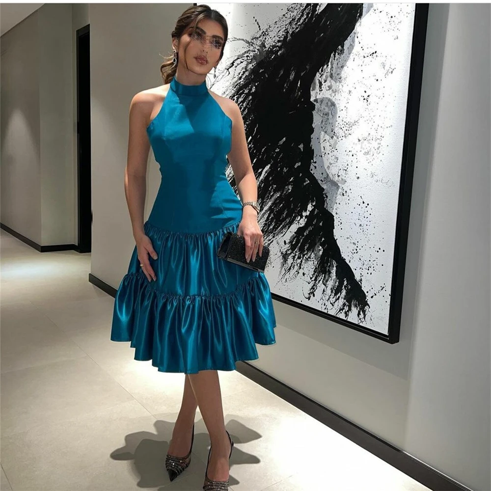 

Retro Blue Halter Satin A-Line Open Back Formal Occasion Prom Dresses Fold Knee Length Women Evening Party