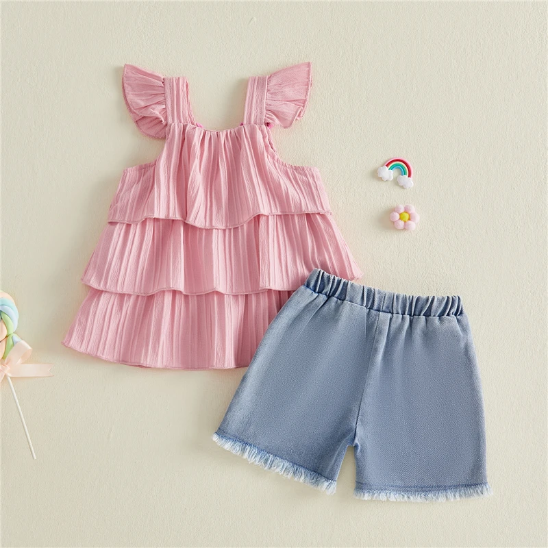 

Girls Summer 2 Piece Outfits Crochet Flower Tiered Chiffon Tank Tops and Denim Shorts Set