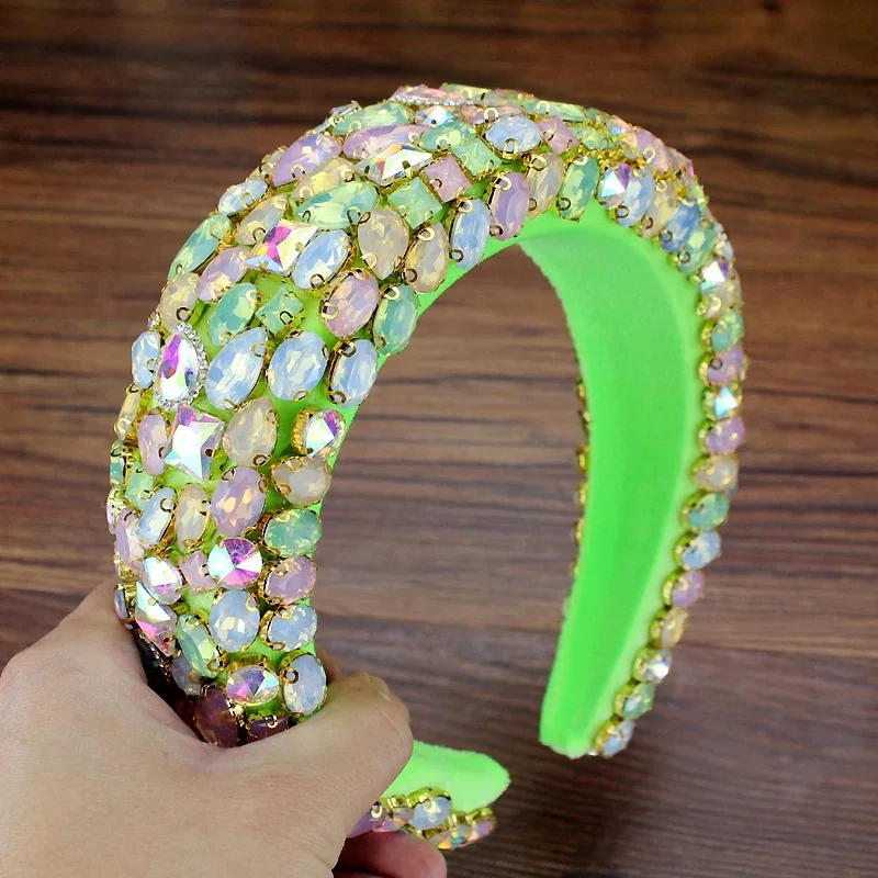 Wunderschöne barocke Haar-Accessoires, gepolsterte Kristall-Tiara-Stirnbänder, bonbongrüner Strass, handgefertigte Haarbänder für Frauen, Hochzeit