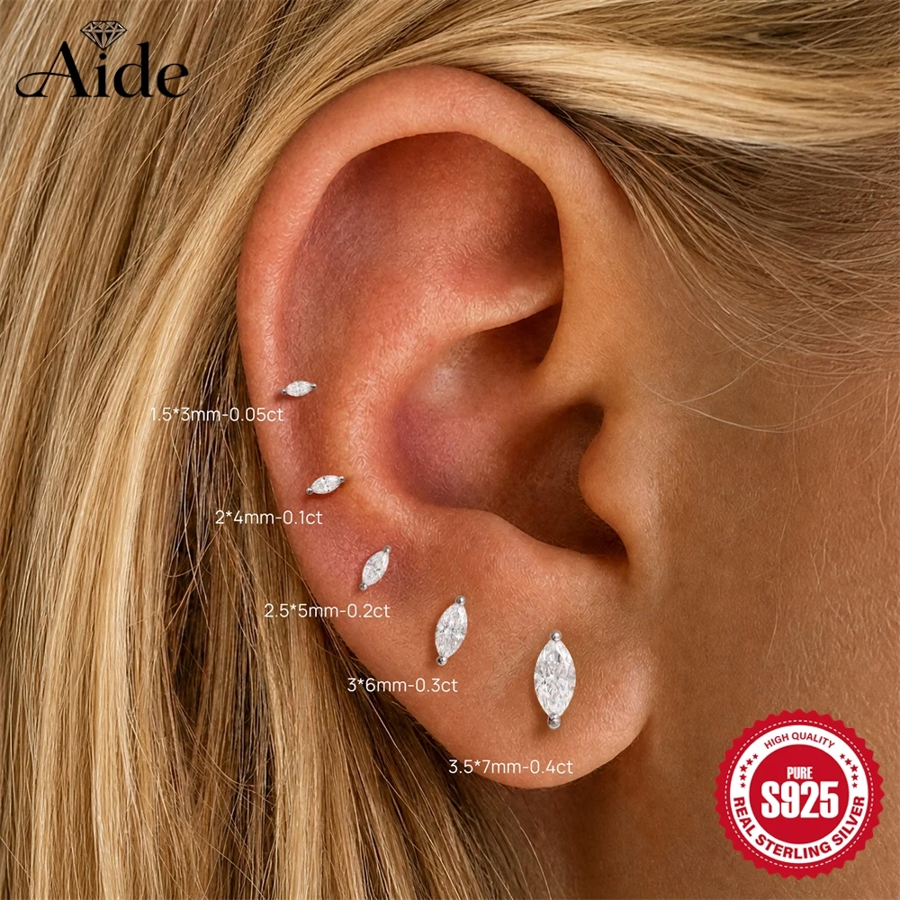 AIDE Horse Eyes Sparkling Moissanite Women's Multi Size Flat Back Cartilage Piercing 925 Sterling Silver Attached Certificate