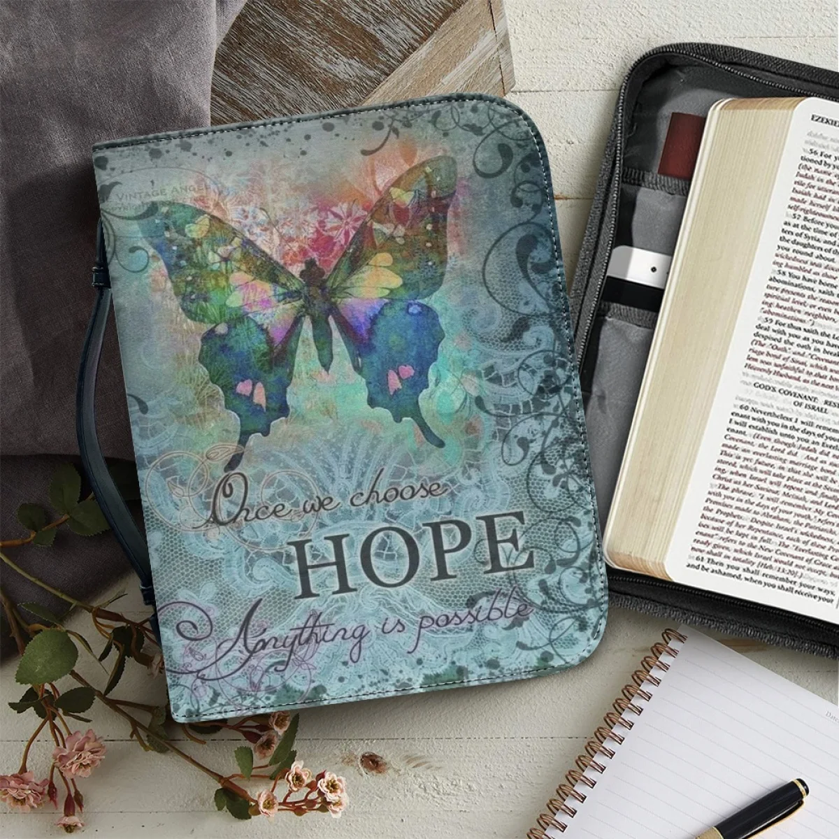 FORUDESIGNS Pretty Butterfly Bible Bag Utility Leather Handbags Travel Church Prayer Storage Box Organizer Supplies Luxury