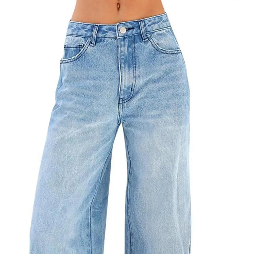 Comprimento total calças flare mulheres jeans denim bolsos sólidos cintura alta solto ajuste streetwear lavagem 2025 zíper