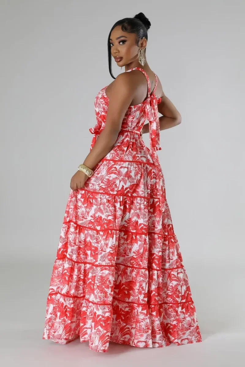 GUWU sans manches plage Boho feuille imprimé grande balançoire licou cou dos nu Maxi robe longue femmes Sexy robes d'été robes