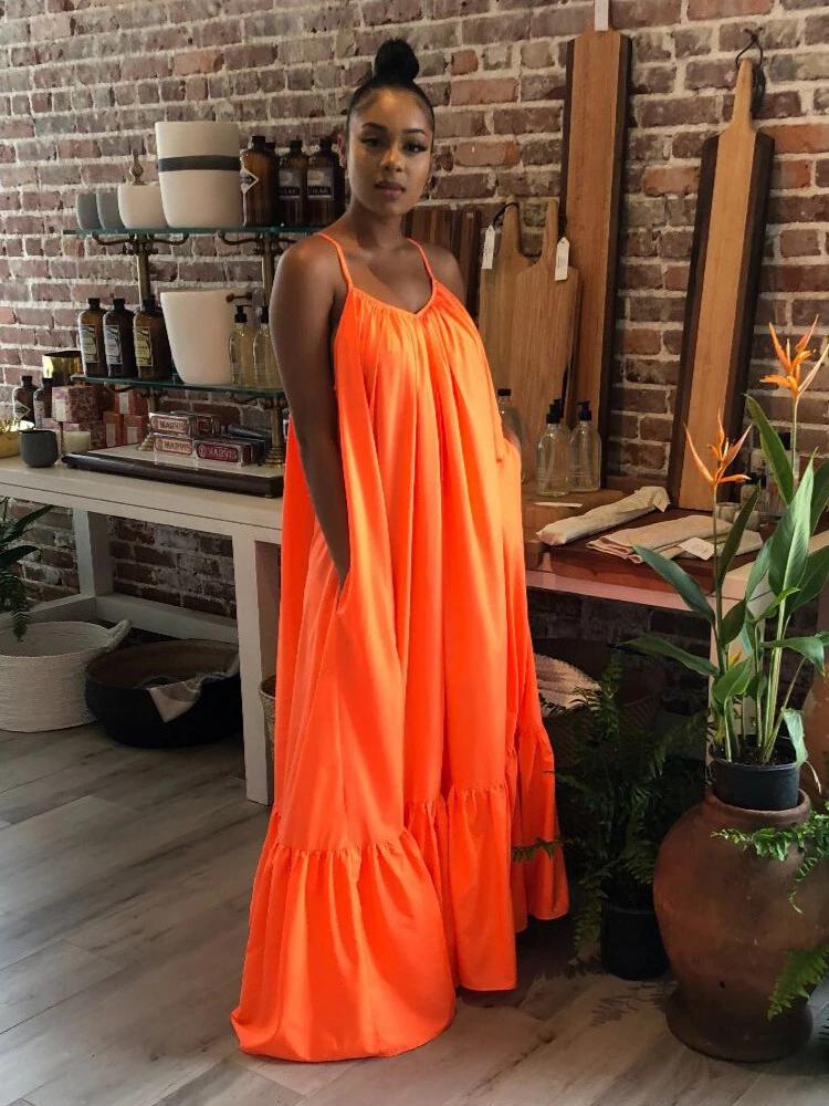 Summer Sexy Sleeveless Camisole Long Hem Dress Solid Color Loose Fit Maxi Skirt for Women