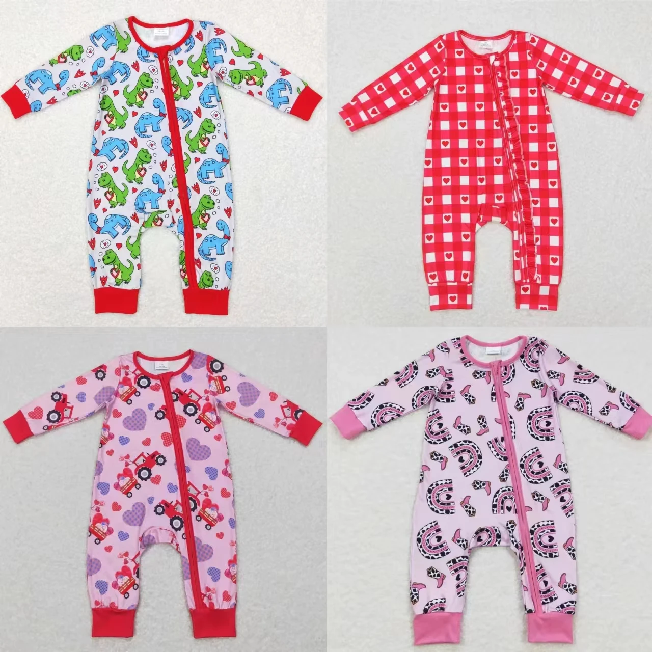 

Wholesale Baby Girl Long Sleeves Toddler Valentine's Day Romper Newborn Infant Love Tractors Children Zipper Hearts Jumpsuit