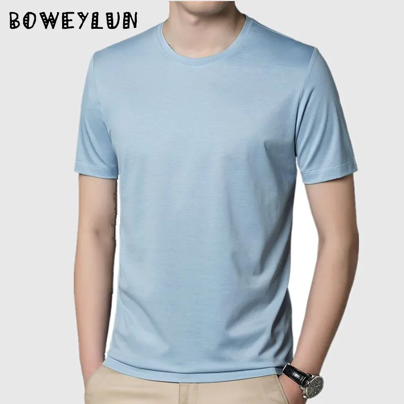 

BOWEYLUN Mulberry Silk Solid Color Short-sleeved T-shirt Male Lightweight Breathable Quick-drying Casual Round Neck Tops for Men