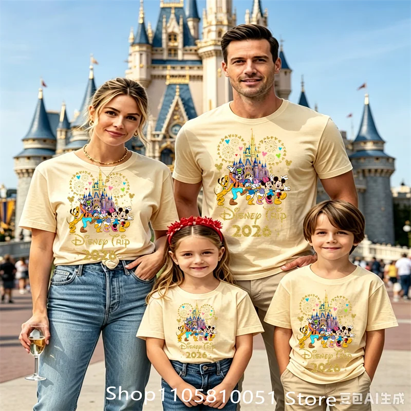 2026 Disney Castle Mickey Ear Print T‑Shirt Family Matching Short Sleeve Tops Casual Holiday Trip Tees Women Men Summer view 5