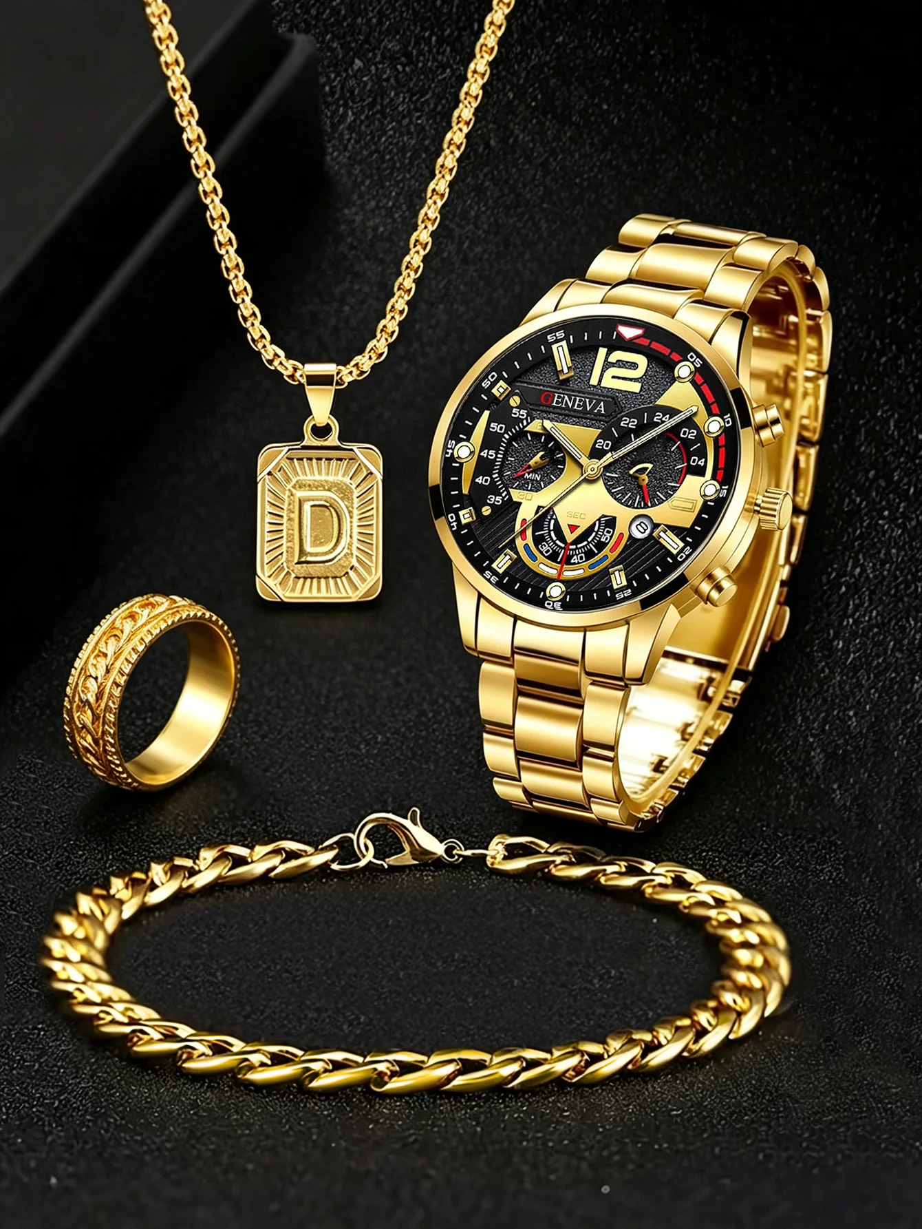 Conjunto de Reloj de Cuarzo Casual para Hombre con Anillo, Collar y Pulsera, Ideal para Uso Diario, Regalo Perfecto para el Día del Padre