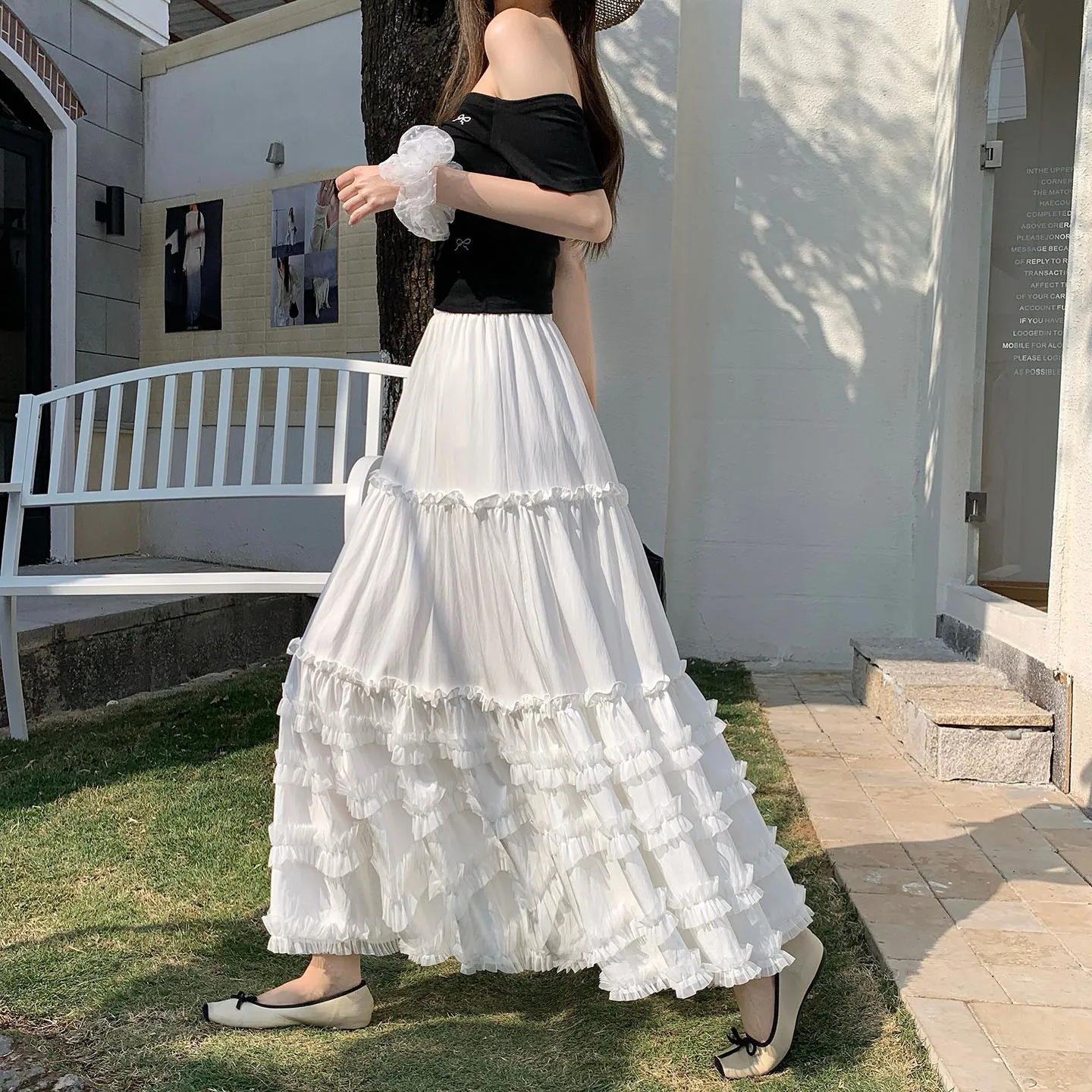 Fashionable Layered Ruffled Patchwork A-Line Midi Skirt For Women Summer New Casual High-Waisted White Long Skirt