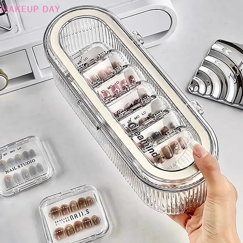 Dust-proof Wearing Storage Box Transparent Stripe Rectangular Cover Handmade Nail Sheet Dressing Table Top Sealed Nail Display