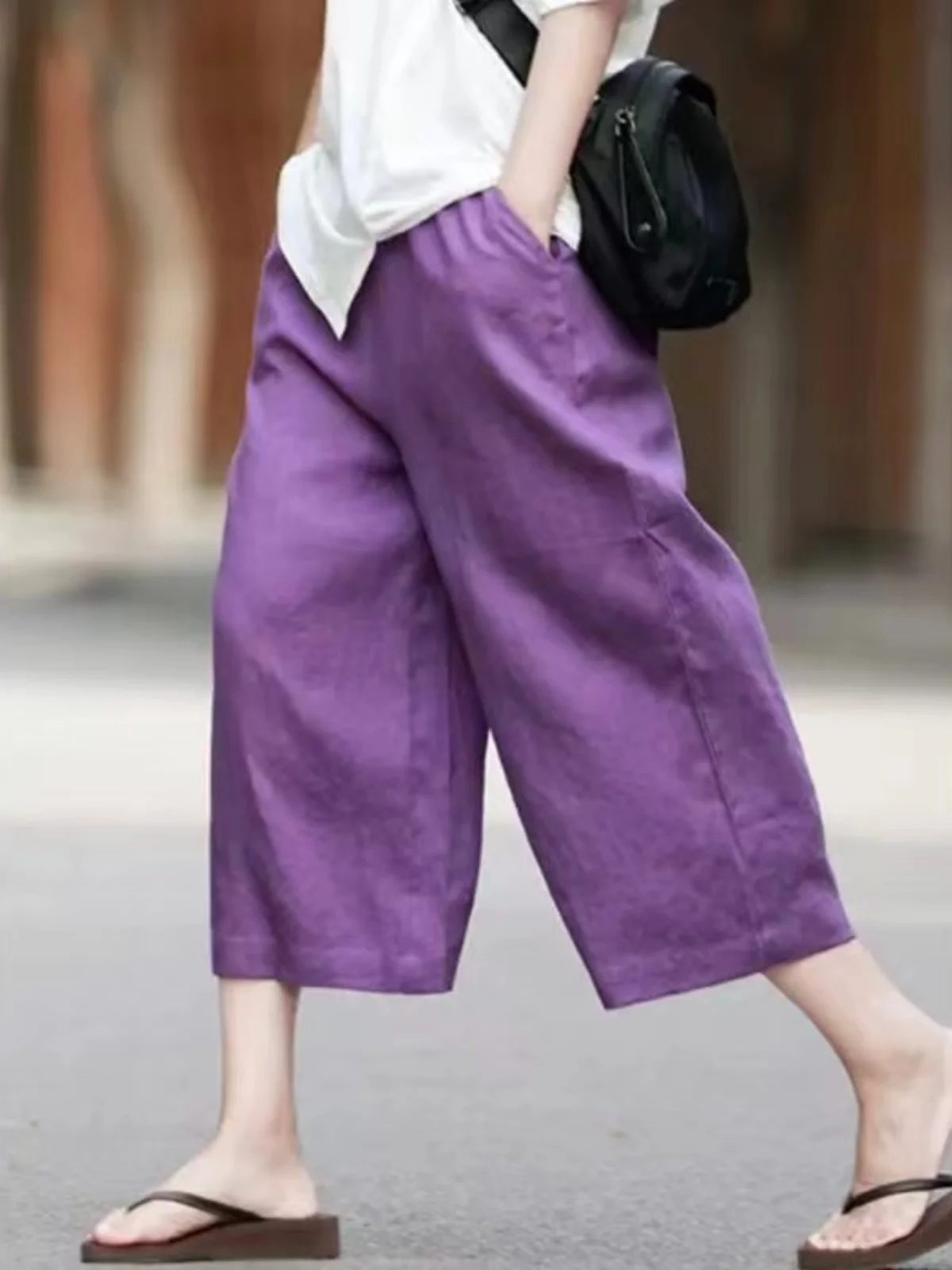 

Ретро-брюки из хлопка и льна с широкими штанинами, весенне-летние, повседневные, свободные, удобные, фиолетовые, прямые, укороченные (7/8)