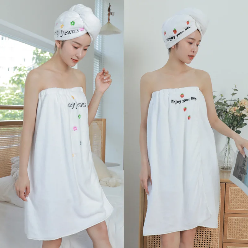 New Coral Fleece Embroidered Bath Skirt and Shower Cap Set Thickened Absorbent Wearable Tube Top Bath Towel Dry Hair Cap Women