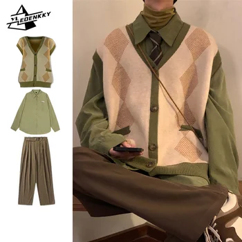 INS 레트로 세트 남녀공용 프레피 니트 조끼, 하라주쿠 루즈한 긴 소매 셔츠, 스트레이트 와이드레그 캐주얼 바지, 커플 쓰리피스