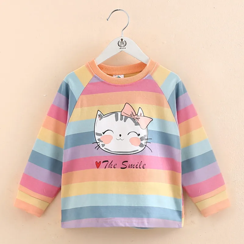 2024 Spring Autumn New 2 3 4 6 8 10 Years Children Cotton Cartoon Long Sleeve Colorful Stripe Baby Kids Girls Basic T-Shirt