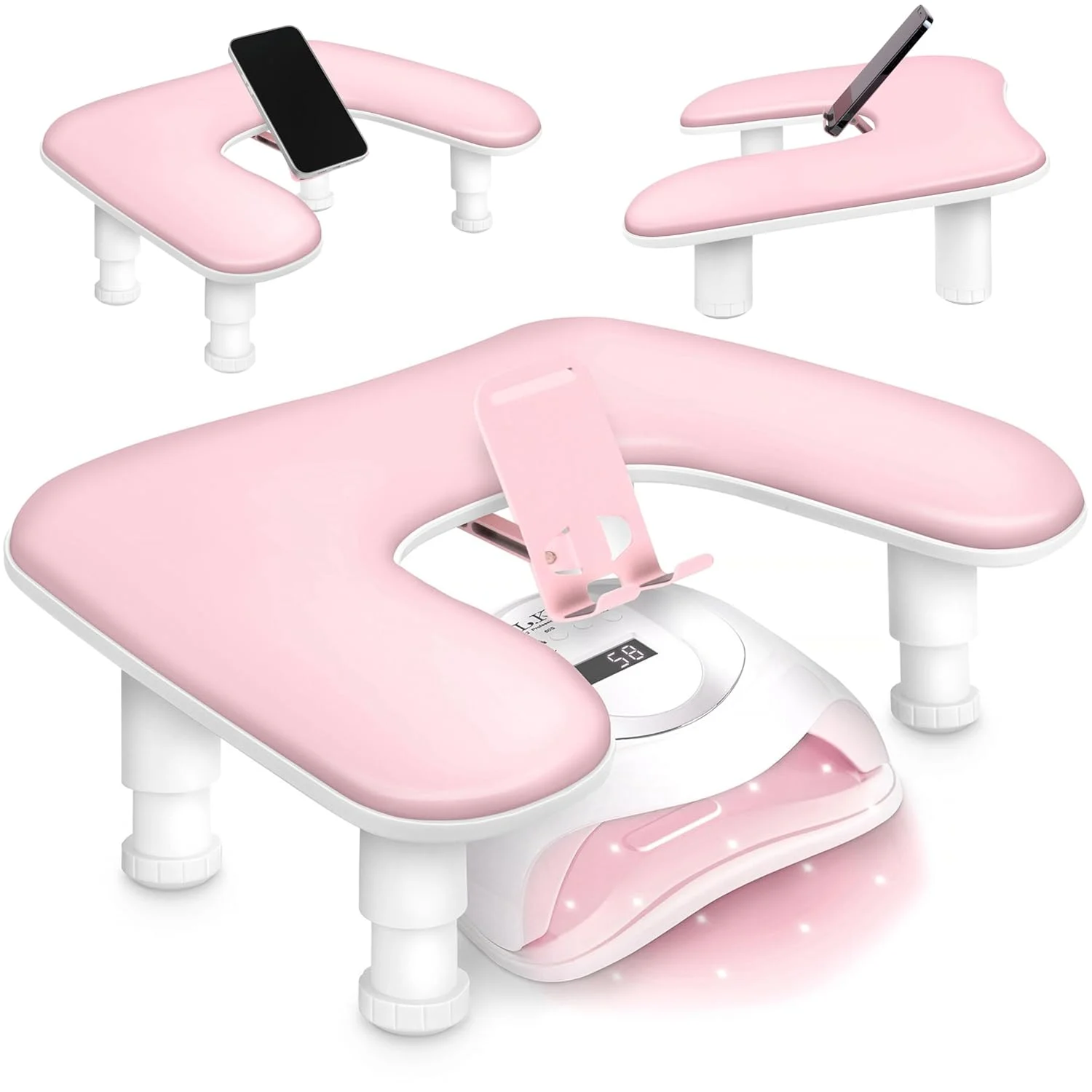 1pcs Pink Adjustable Height Nail Arm Rest with Rotating Phone Holder PU Leather Nail Tech Arm Rest, U-Shaped Hand Rest