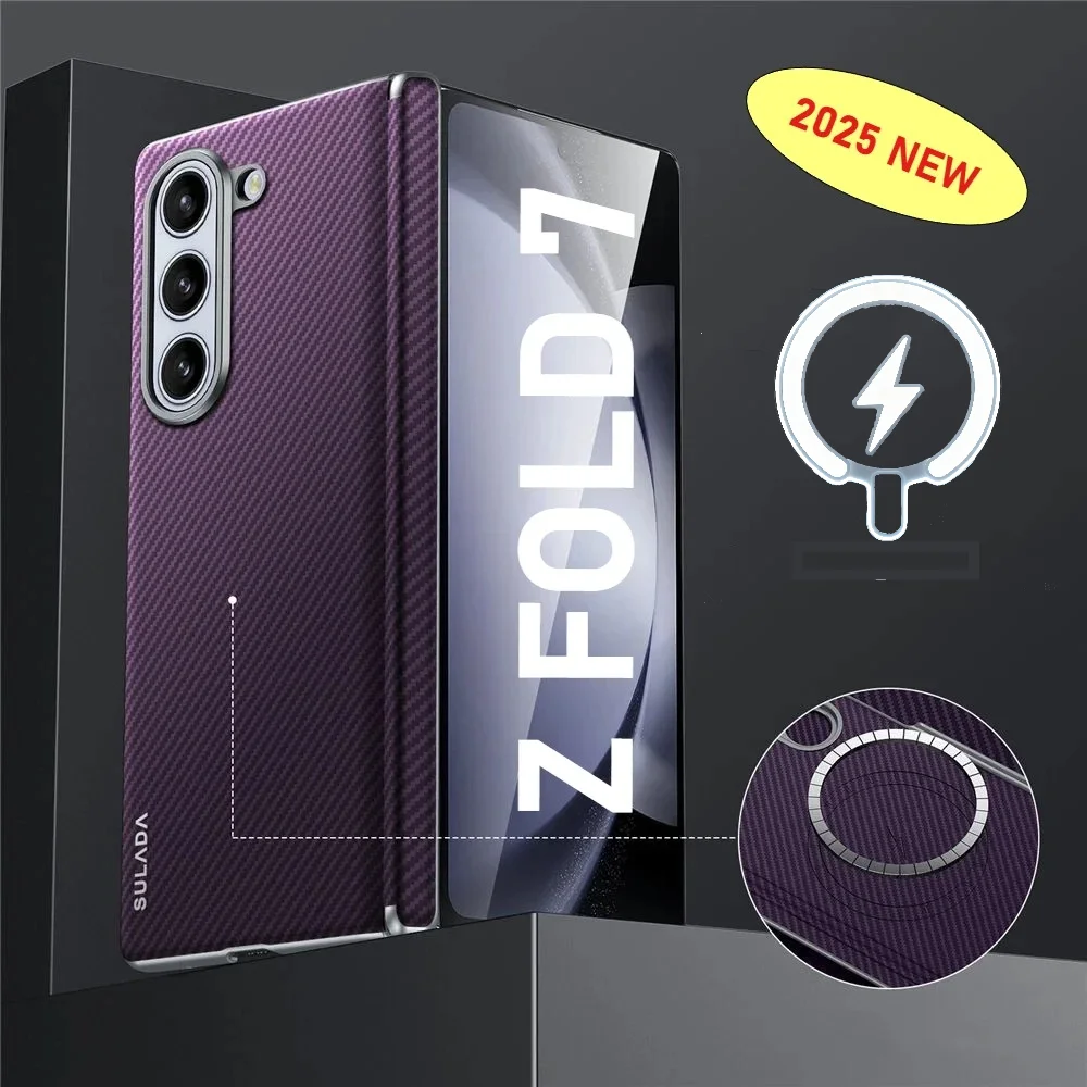 

For Magsafe Z Fold7 Ultra Slim Aramid Fiber Pattern Leather Case for Samsung Galaxy Z Fold 7 6 5 Car Magnetic Holder Hinge Cover