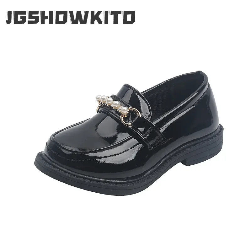 

Kids Leather Shoes for Girls Black Party Shoes Pearls Beading Fashion Classic Children Flats Loafers Slip-on Metal Chains Buckle