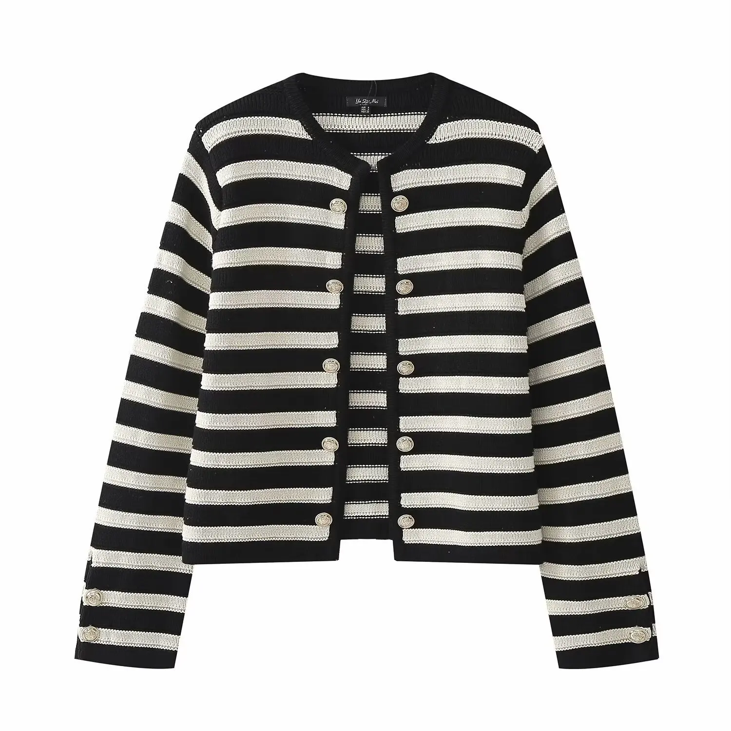 

Woman's Striped Knitted Cardigan Loose Round Neck Double-breasted Long Sleeves Contrast Color Cropped Sweater Casual Autumn Top