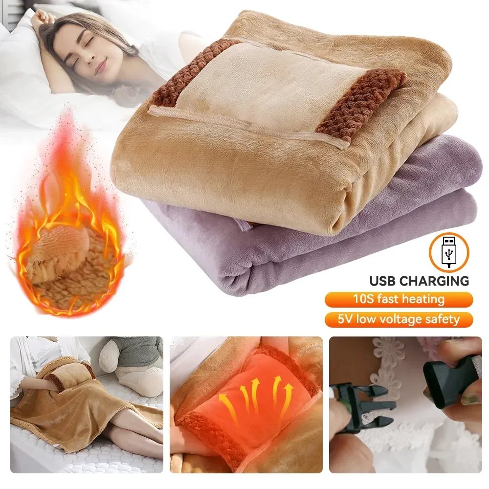 USB Electric Blanket Winter Warming Blanket  Rechargeable Portable Flannel Heating Blanket with Pocket Warmer Knee Blanket