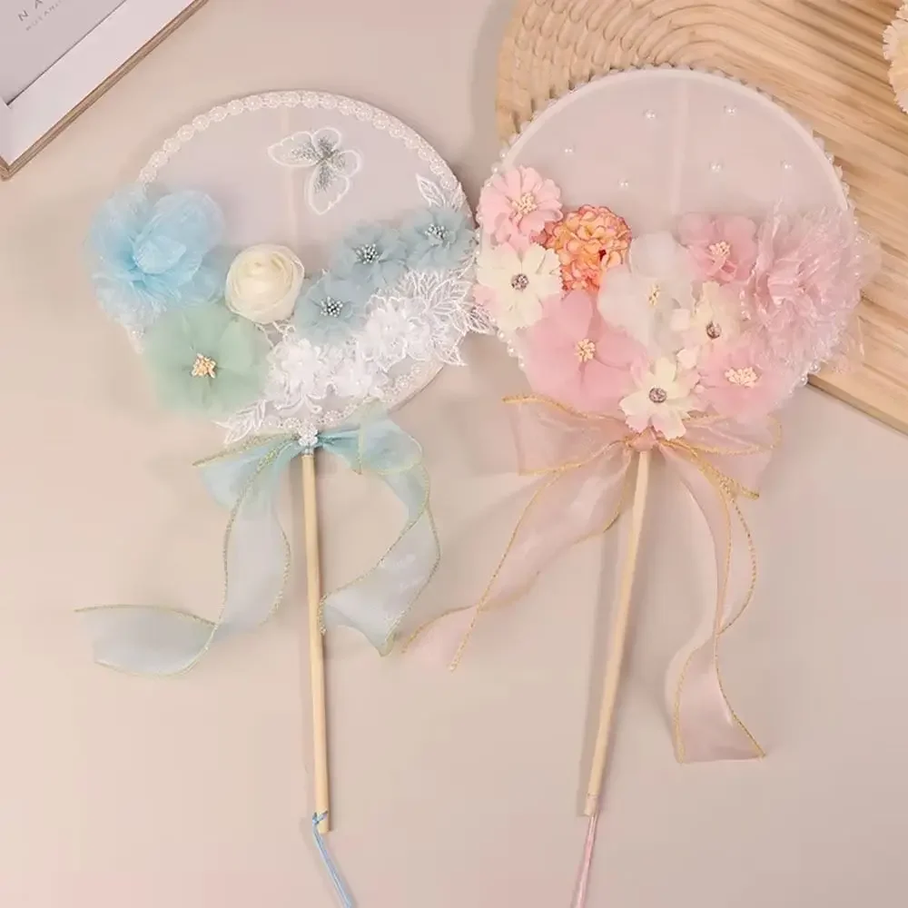 1Pcs Durable Long Handle Chinese Round Fans Fabric Flower Butterfly Vintage Fan Retro Style Fan Home Decoration Ornament - Detail 1