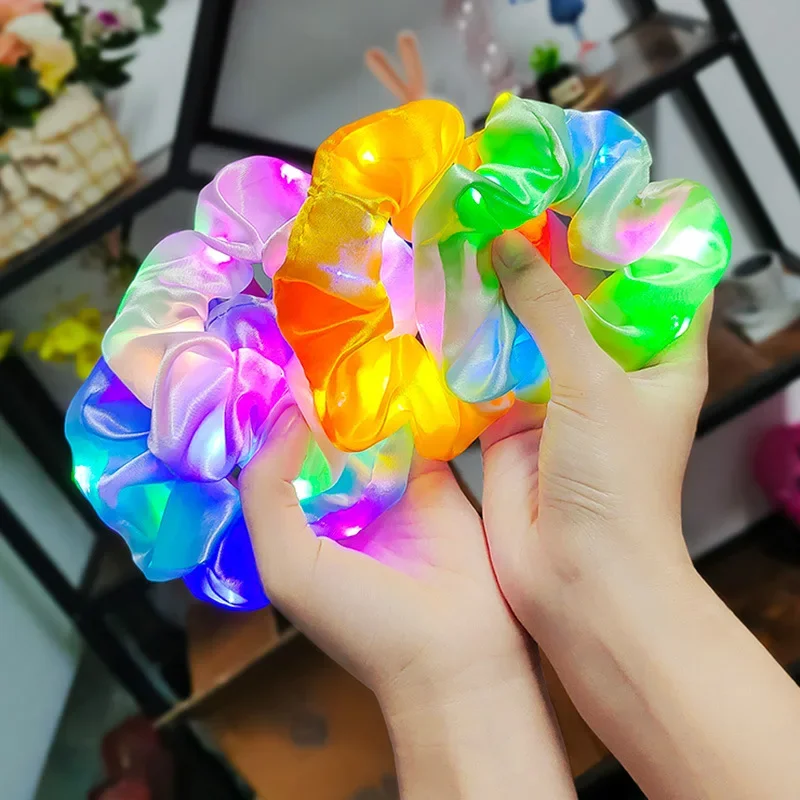 

10 Pcs Ribbon Hair Scrunchies Led Luminous Band Satin Elastic Tie Glow Light Up Decoration Easter Halloween Christmas