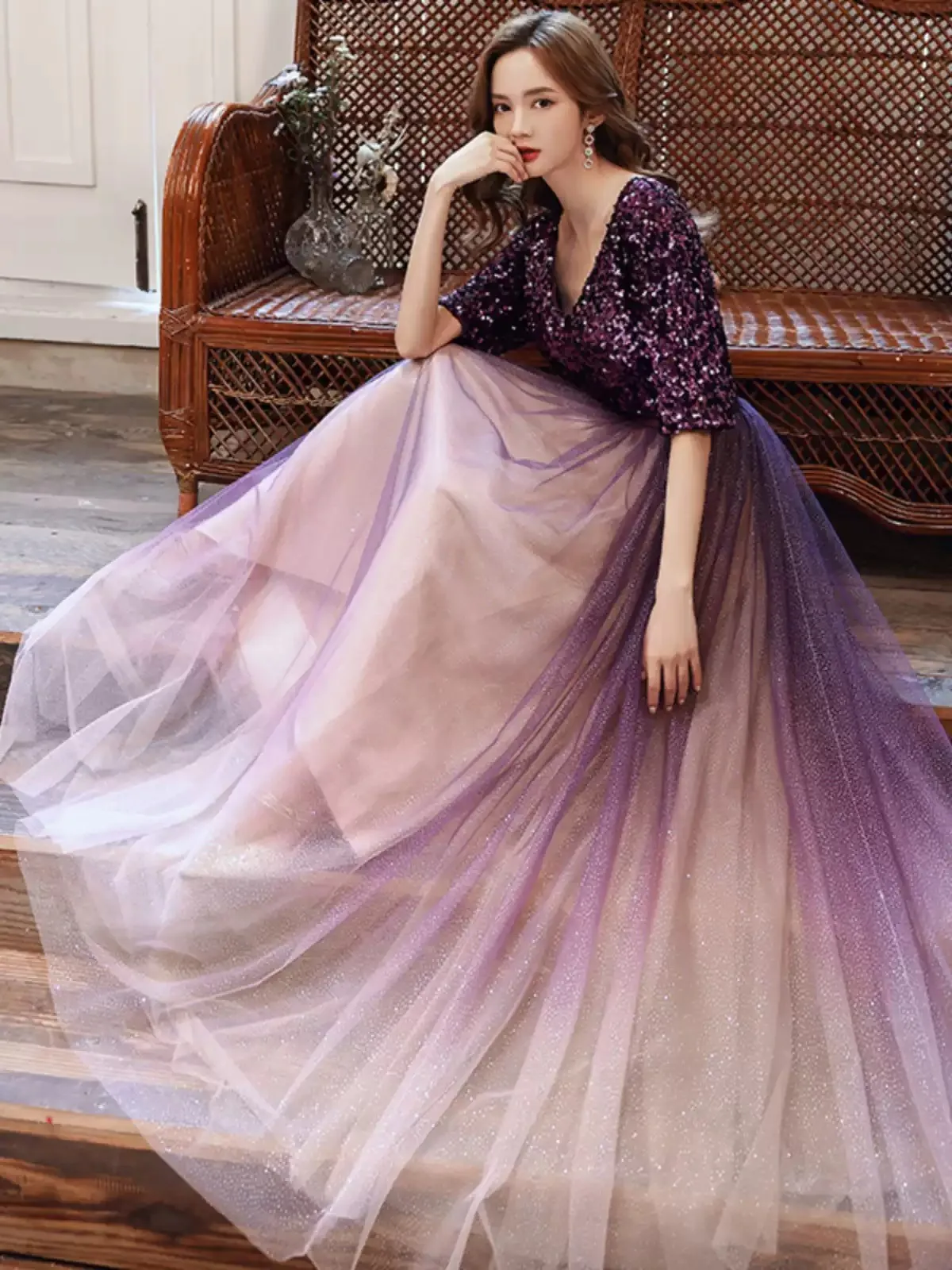 Purple Evening Dress Long Prom Gowns Shining Sequined Top Pleats Tulle Party Dresses Zipper Back