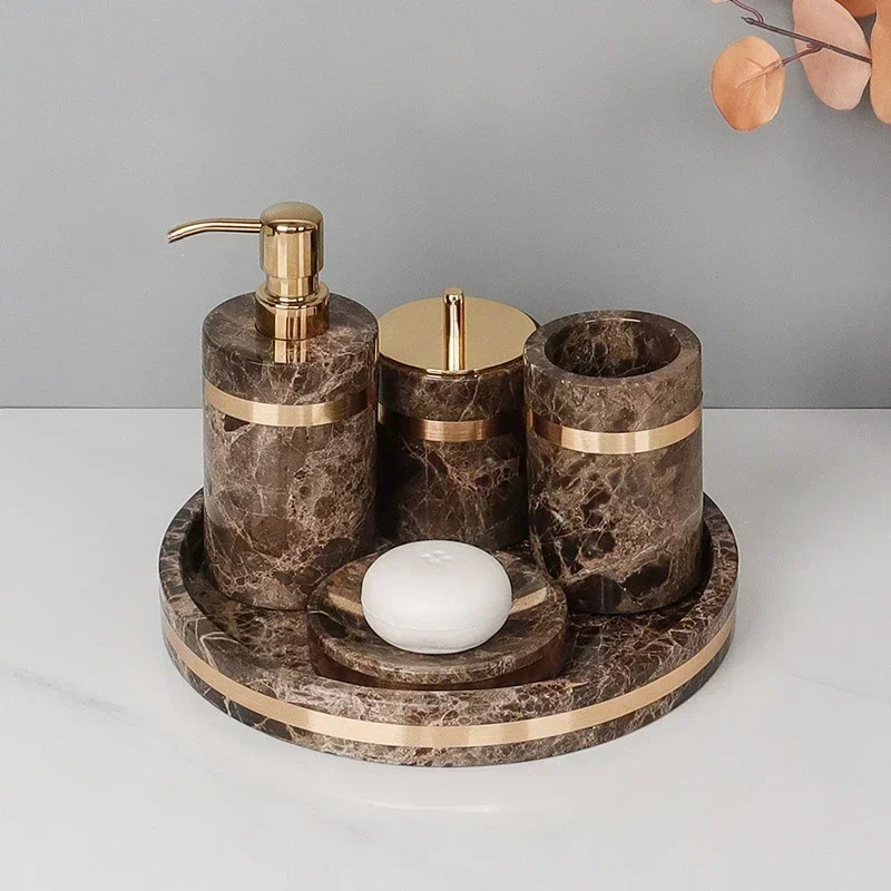 Luxury marble gilt edged bathroom eight piece set lotion bottle paper towel box cotton swab box home hotel bathroom decoration