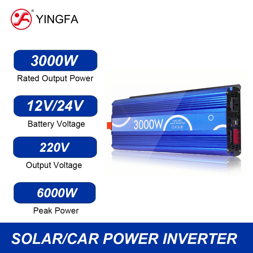 YINGFA 3KW UK DE EU Standard Plugs 12V 24V to 220V 3000W Pure Sine Wave Portable Power Inverter With USB