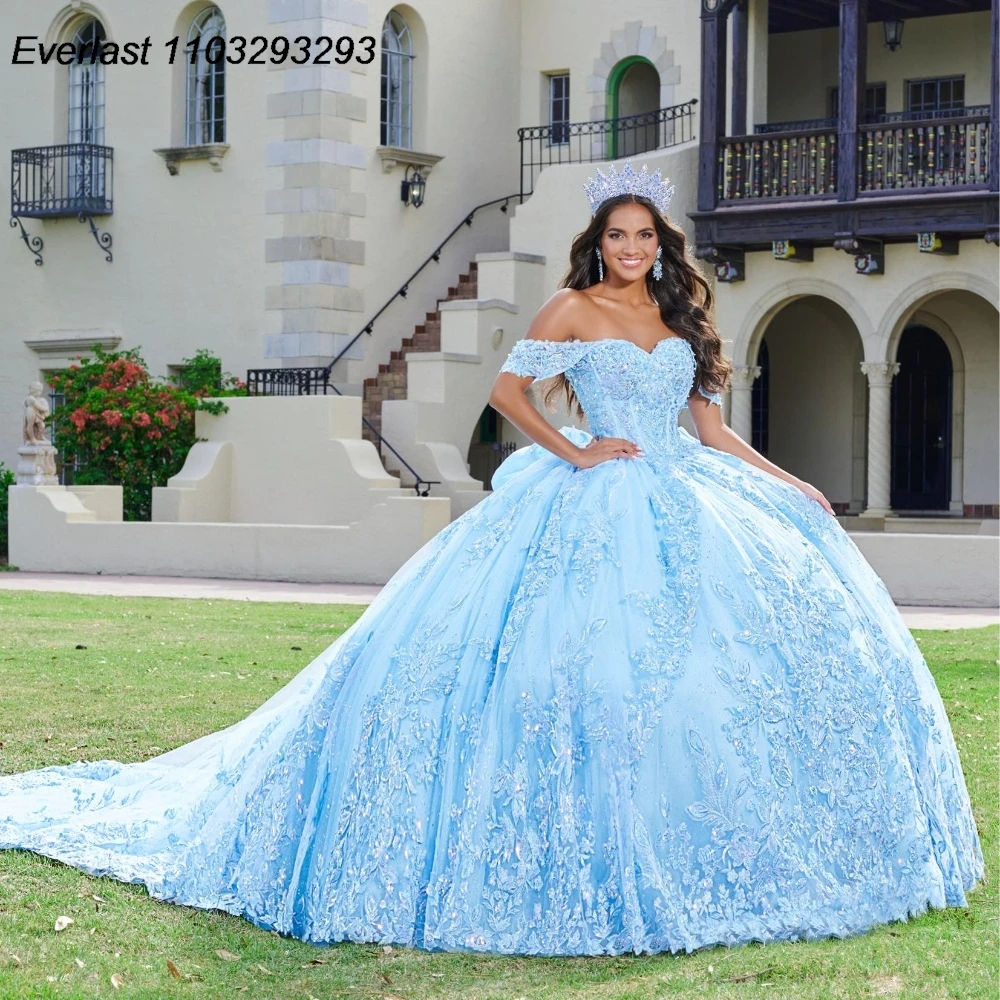 

EVLAST Customized 2025 Sky Blue Quinceanera Dress Ball Gown Lace Applique Beading Bow Corset Sweet 16 Vestido De 15 Anos E1Q19