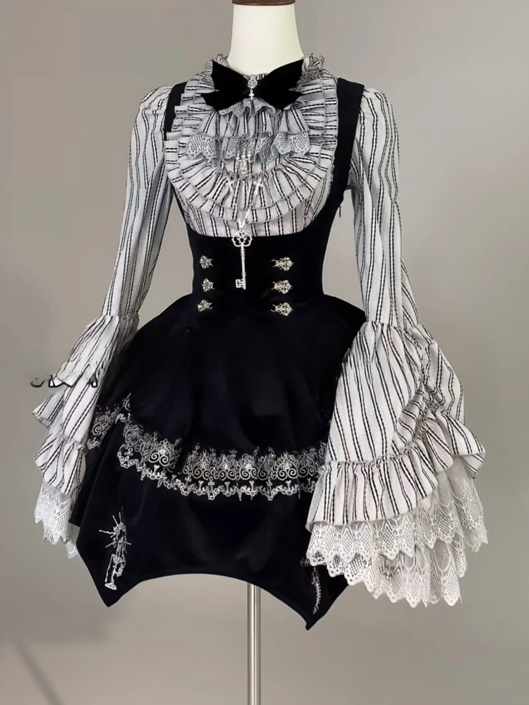 

Осенний новый костюм Darkly Sweet Lolita из двух предметов, футболки в полоску с бантом + пышная юбка на бретелях, новая мода, винтажный кружевной дизайн, наряды