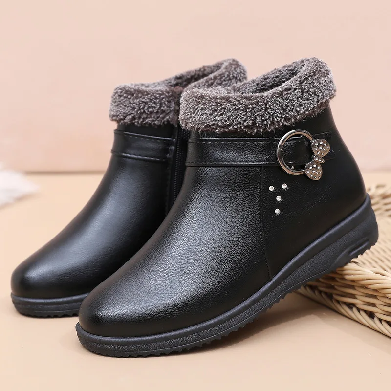 

Women's Boots Warm Fur Botas Mujer Leather Winter Shoes for Woman Snow Boots Low Heels Metal Ankle Boots Winter Footwear