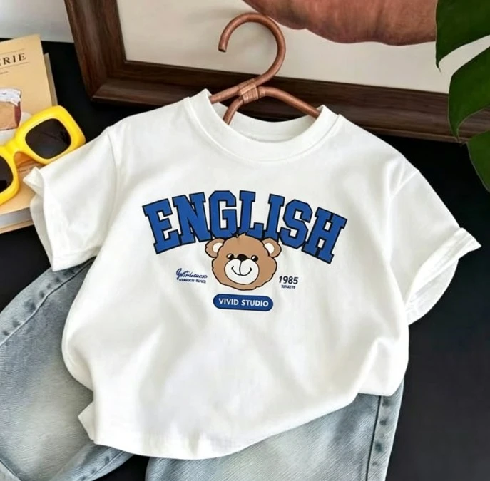 Children Bear Print T Shirts English Letter Design Summer Thin Short And Long Sleeve Tee Boys Girls Daily Multiple Colors  Wear