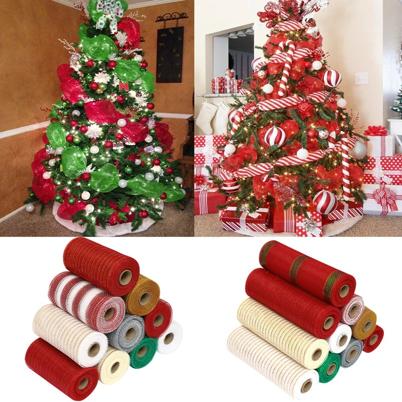 26cm 10Yards Christmas Decor Mesh Ribbon Glitter Mesh Roll for Christmas Tree Decorations Home Door Wreaths Garland Xmas Gifts