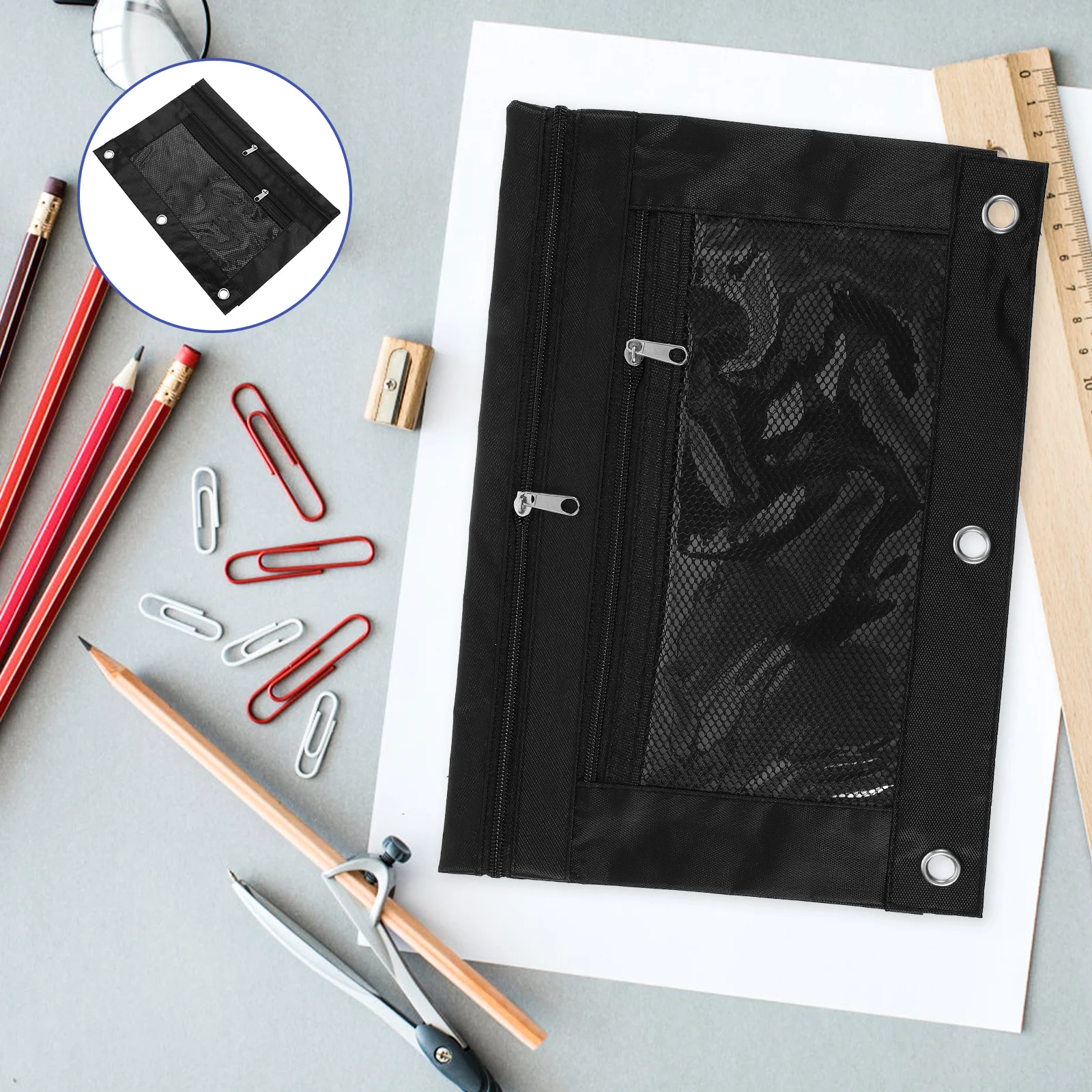 Large Capacity Zipper Double Pocket Transparent Window 3-ring Binder Stationery Pen Bag Pencil Black Pouch Bulk Mesh Pvc Clips