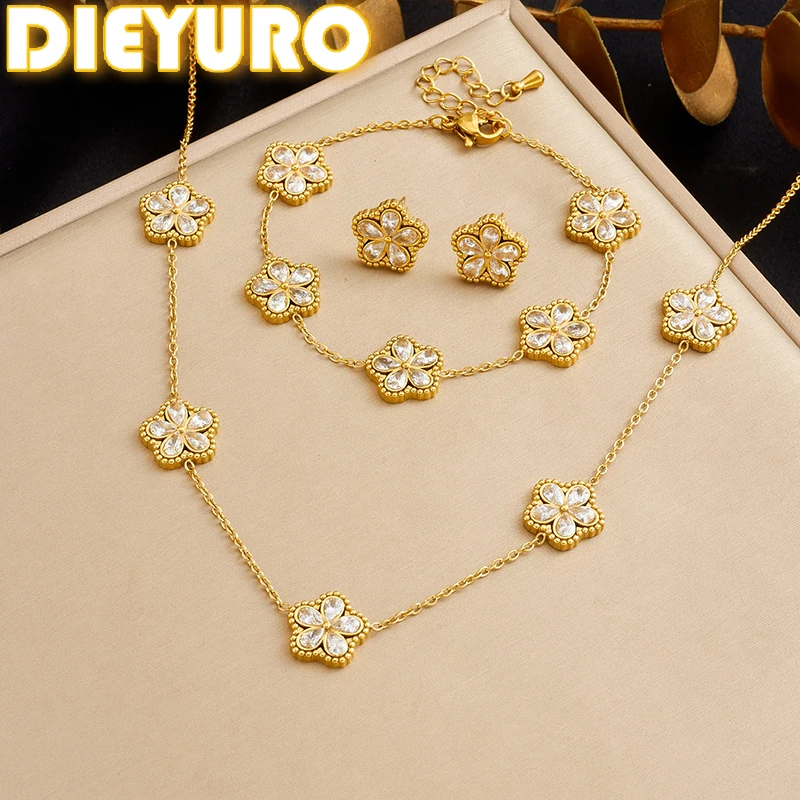 DIEYURO 316L Edelstahl Weiß WaterDrop Kristall Inlay Blumen Halskette Armband Ohrringe Set Dame Klassische Elegante Schmuck Sets