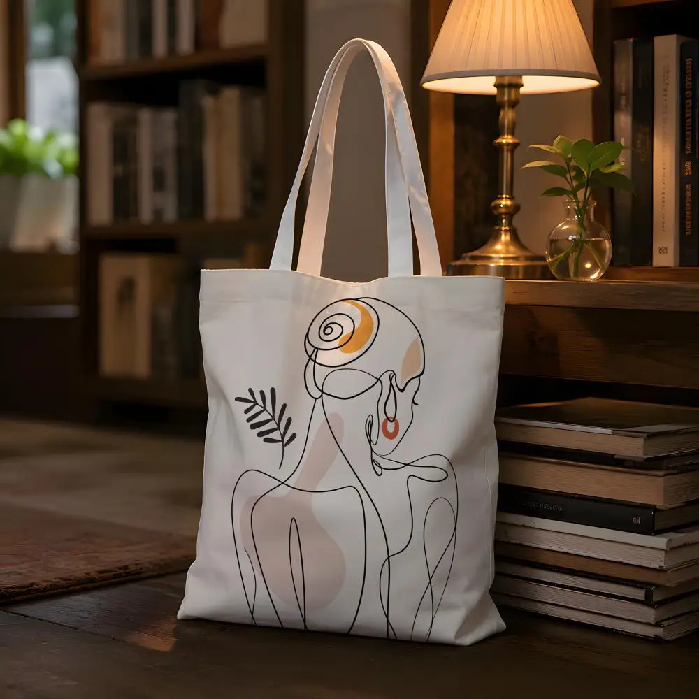 Female Line Art Abstract Gallery Cotton Artistic Stylish Airport Travel Carryall Minimalist Canvas Shopper Storage Simple Care