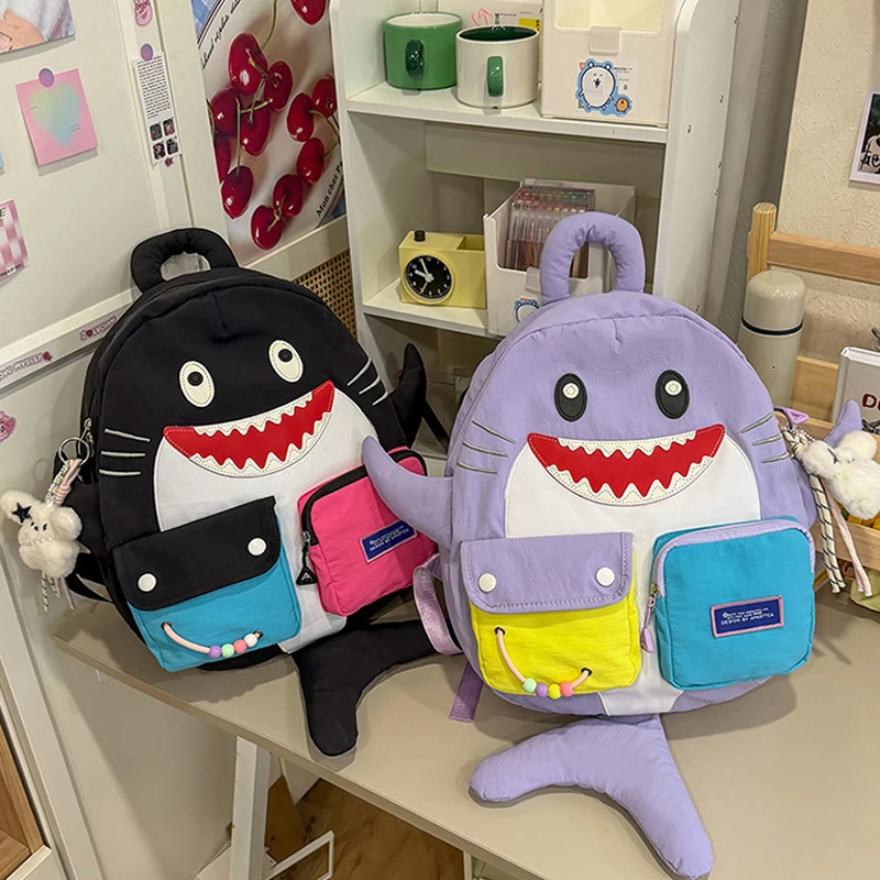 Kawaii Cartoon Shark Backpack Fashion Color-blocked Pocket Backpack Lightweight Student Schoolbag Large Capacity Travel Backpack