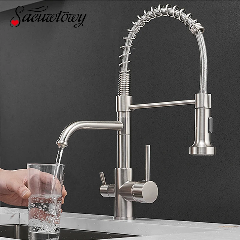 Installation Sink Mixer Hot Cold Water Kitchen Faucet 360 ° Rotating Spring Faucet Kitchen Spiral Spring Faucet with Pure