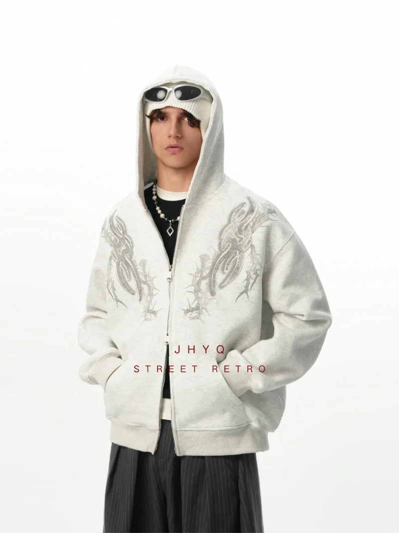 النمط الأمريكي مقنعين الثقيلة حجر الراين البلوز الخريف الشتاء فضفاضة عارضة سترة تنوعا الدافئة سستة سترة للرجال