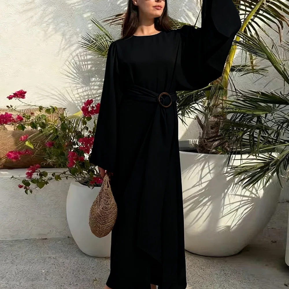 

Eid Belted Abaya Muslim Women Dress Ramadan Winkle Party Dresses Dubai Moroccon Kaftan Gown Robe Vestidos Caftan Islam Clothing