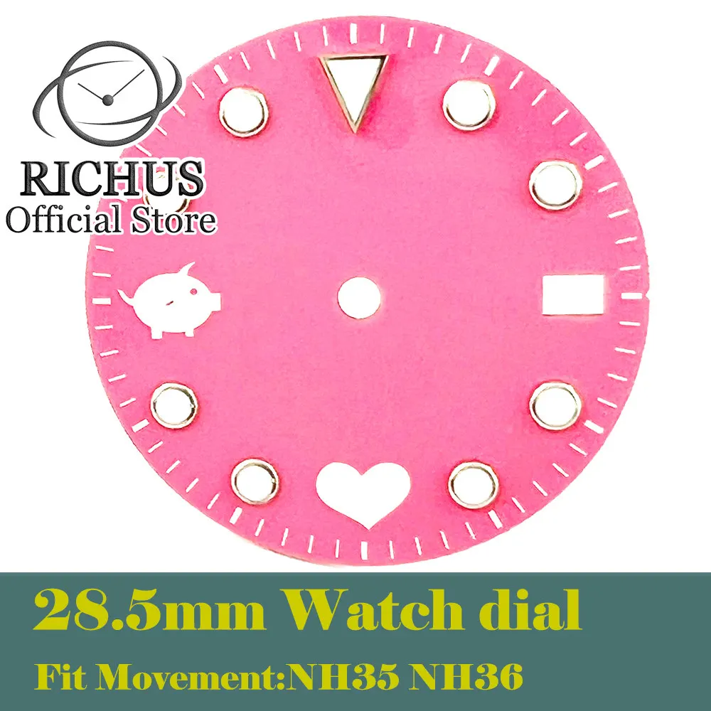 RICHUS NH35 28.5mm Green Luminous watch Dial Pink Watch face Fit NH35 Movement
